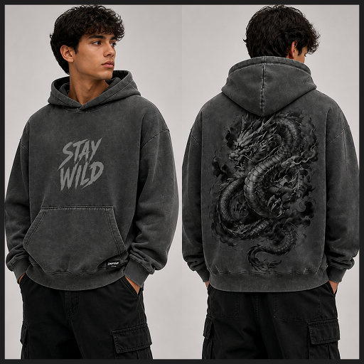 Stay Wild Dragon Hoodie — Charcoal Mineral Wash